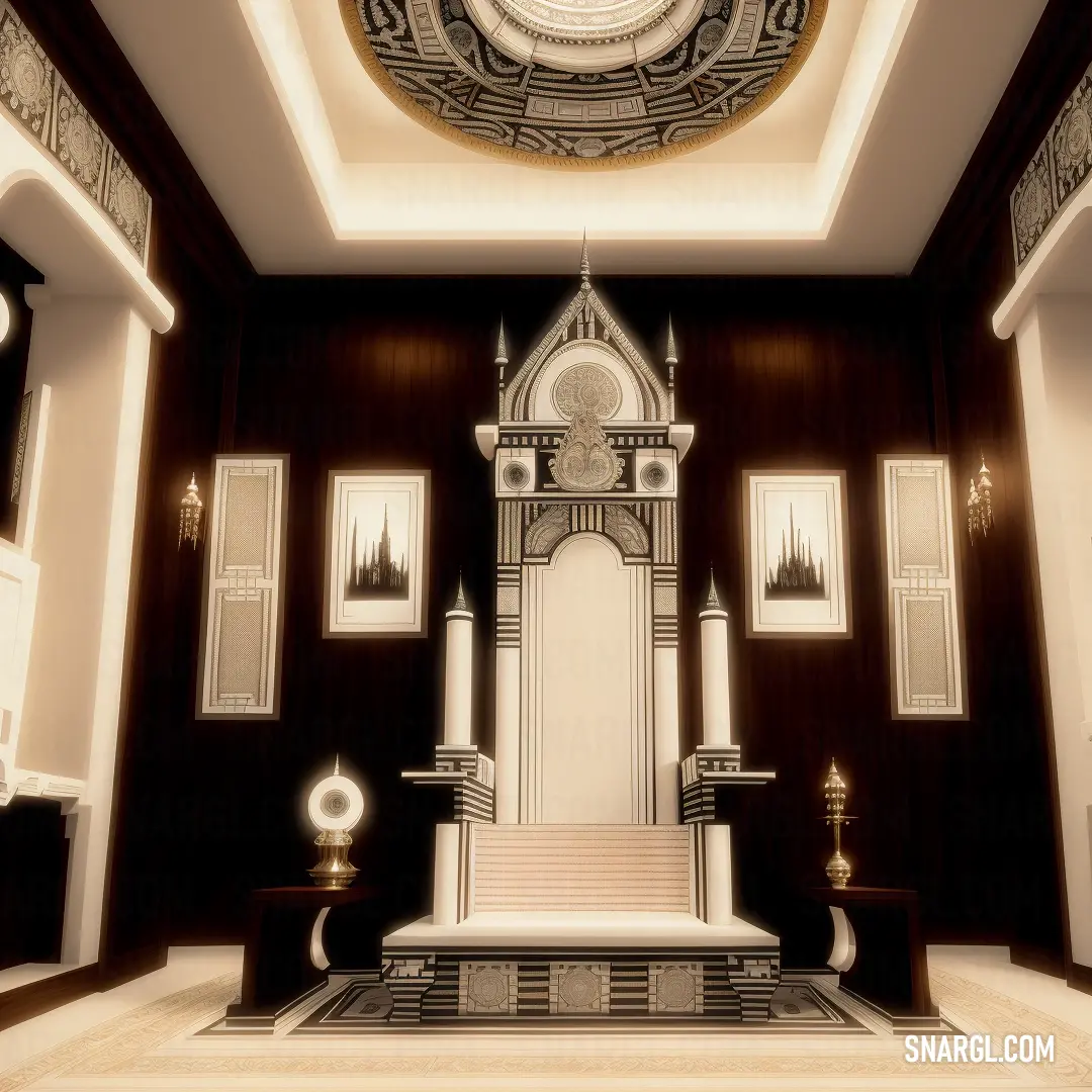 Room with a staircase and a clock on the wall and a ceiling with a clock on it and a staircase leading to the top