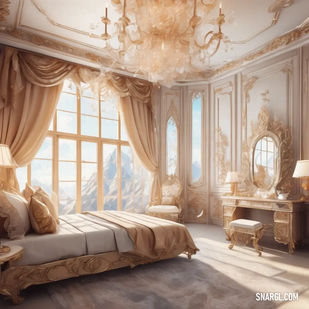 Bedroom with a large bed and a chandelier hanging from the ceiling and a large window with curtains. Color RGB 197,170,156.
