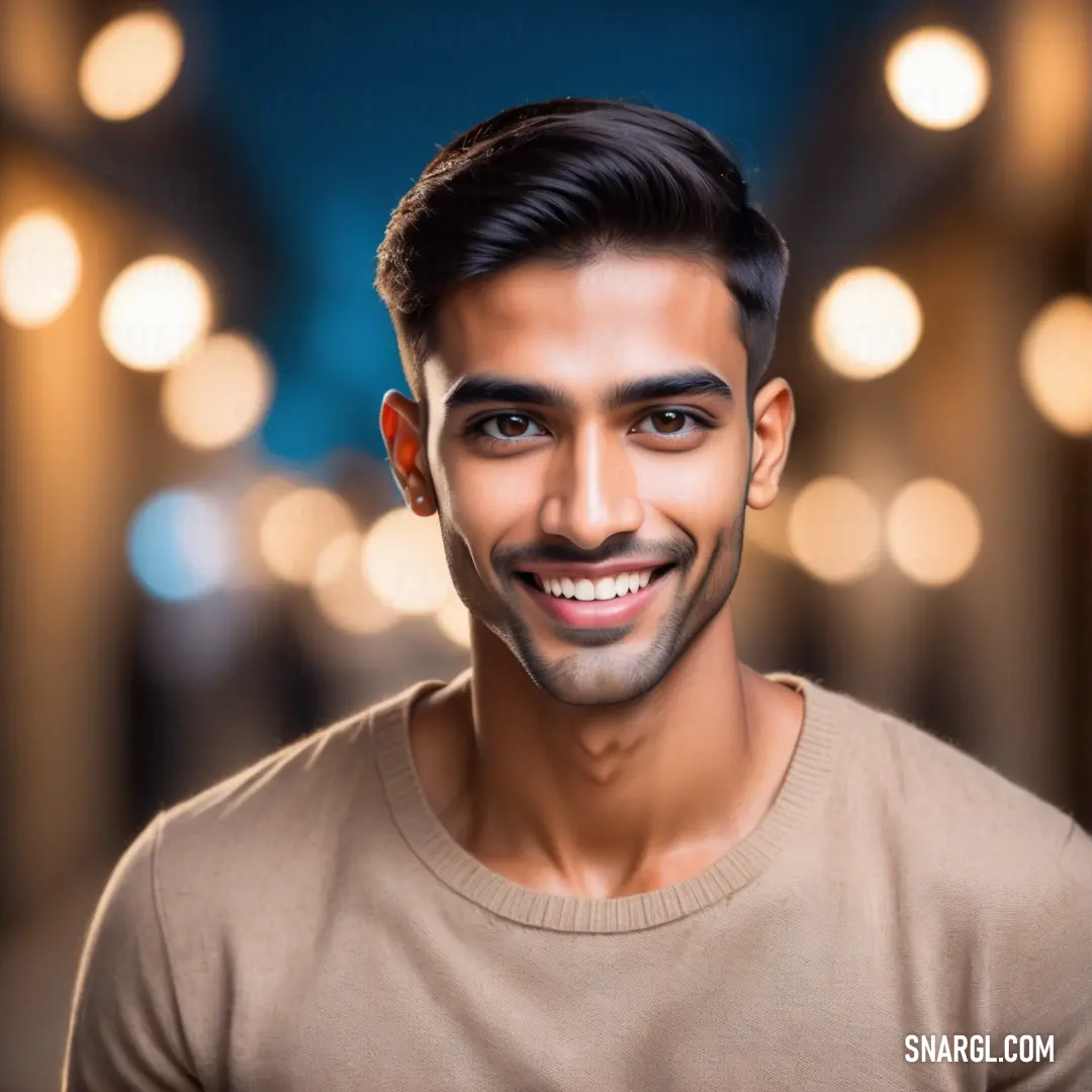Man with a smile on his face in a hallway with lights in the background. Color #C5AA9C.