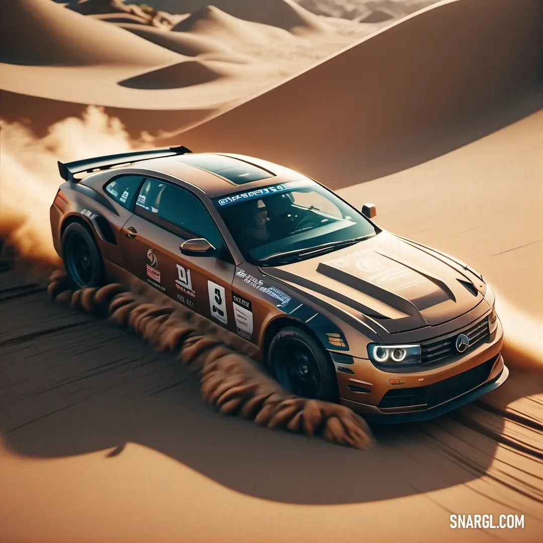 PANTONE 476 color example: Car driving through the desert in the sand dunes