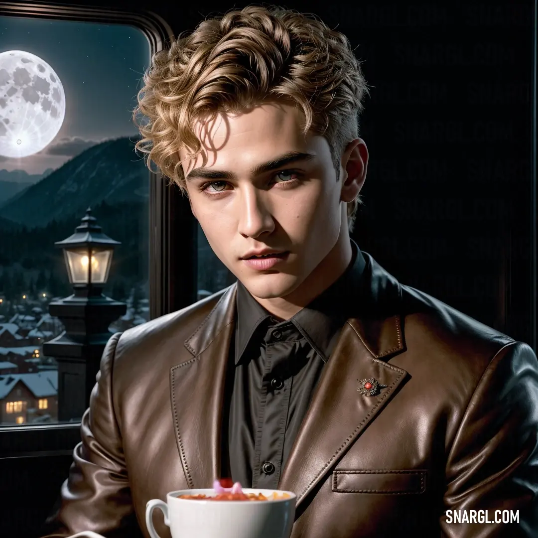 PANTONE 476 color example: Man in a leather jacket holding a cup of coffee in front of a window with a full moon in the background