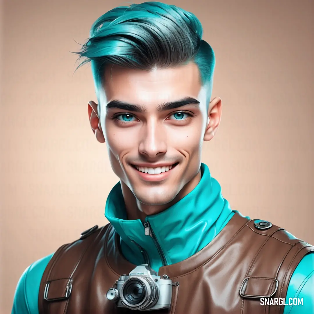 Man with a camera in his hand and a blue hair and a brown leather jacket on his shoulders. Color CMYK 23,75,78,69.