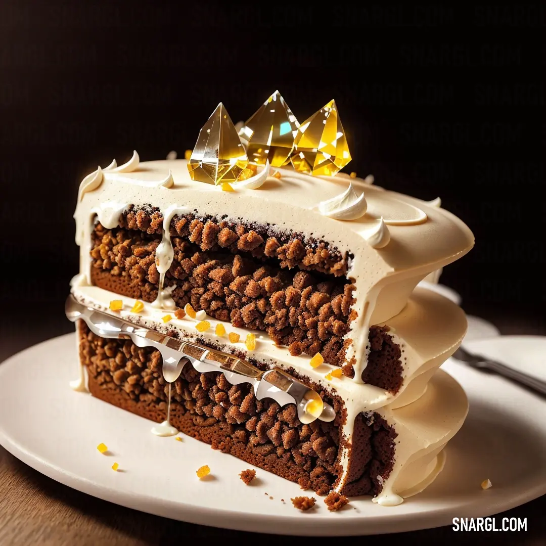 Piece of cake with white frosting and gold decorations on top of it on a plate with a fork. Color CMYK 23,75,78,69.