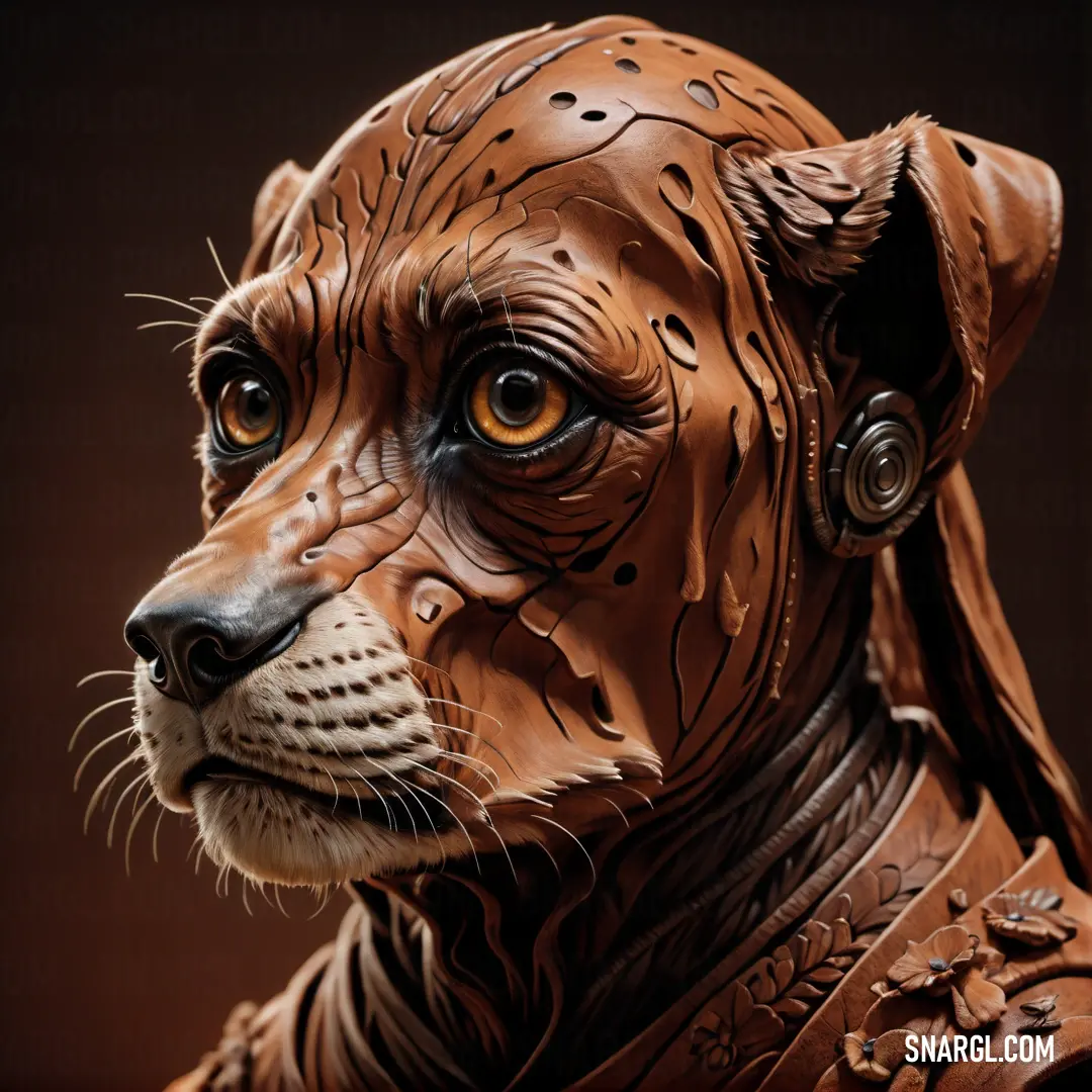 Close up of a statue of a dog wearing a collar and a leather collar with a pattern on it. Color #774733.