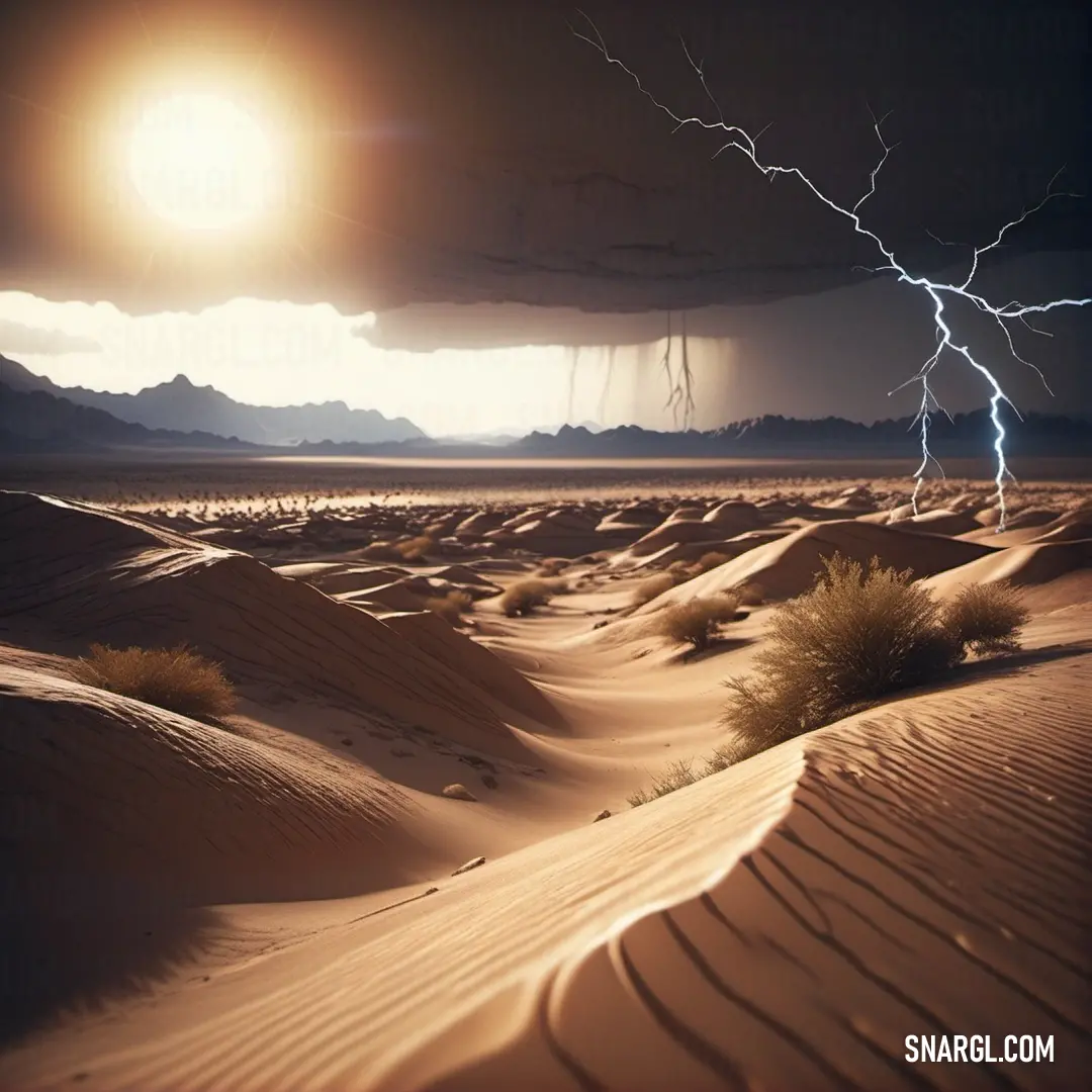 Lightning bolt is seen over a desert landscape at night time with a sun shining through the clouds and a cloud