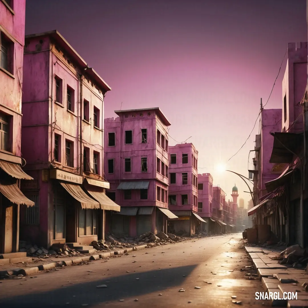 Street with a lot of buildings and a pink sky in the background. Color PANTONE 478.