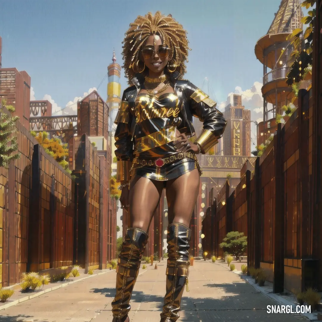 Woman in a gold outfit standing on a sidewalk in a city with tall buildings and a fence in the background. Example of PANTONE 478 color.