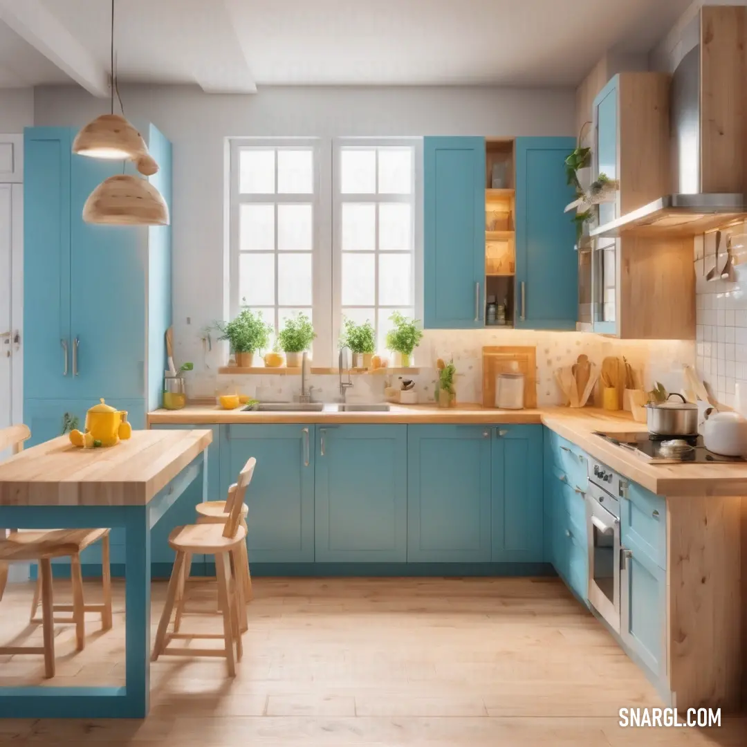Kitchen with blue cabinets and a wooden table in it's center island with a wooden stool and a wooden table with chairs
