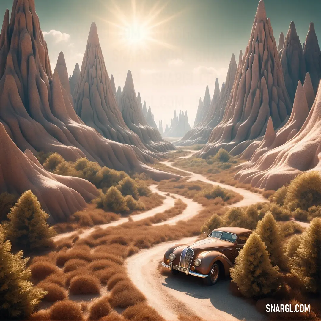 Car is driving through a desert landscape with mountains and trees in the background. Example of CMYK 8,29,32,13 color.