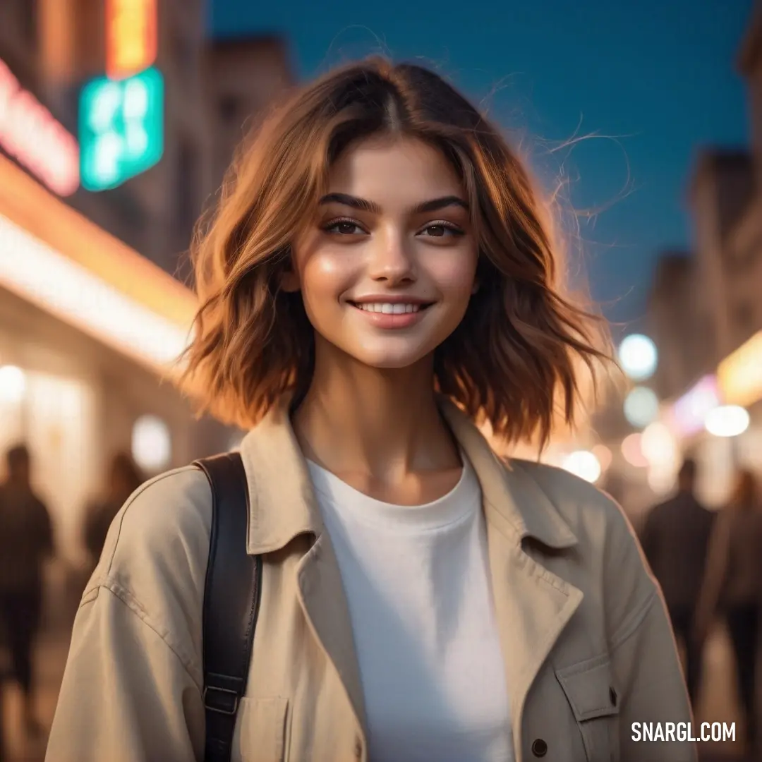 PANTONE 480 color. Woman with a tan jacket and a white shirt is smiling at the camera while standing in a city