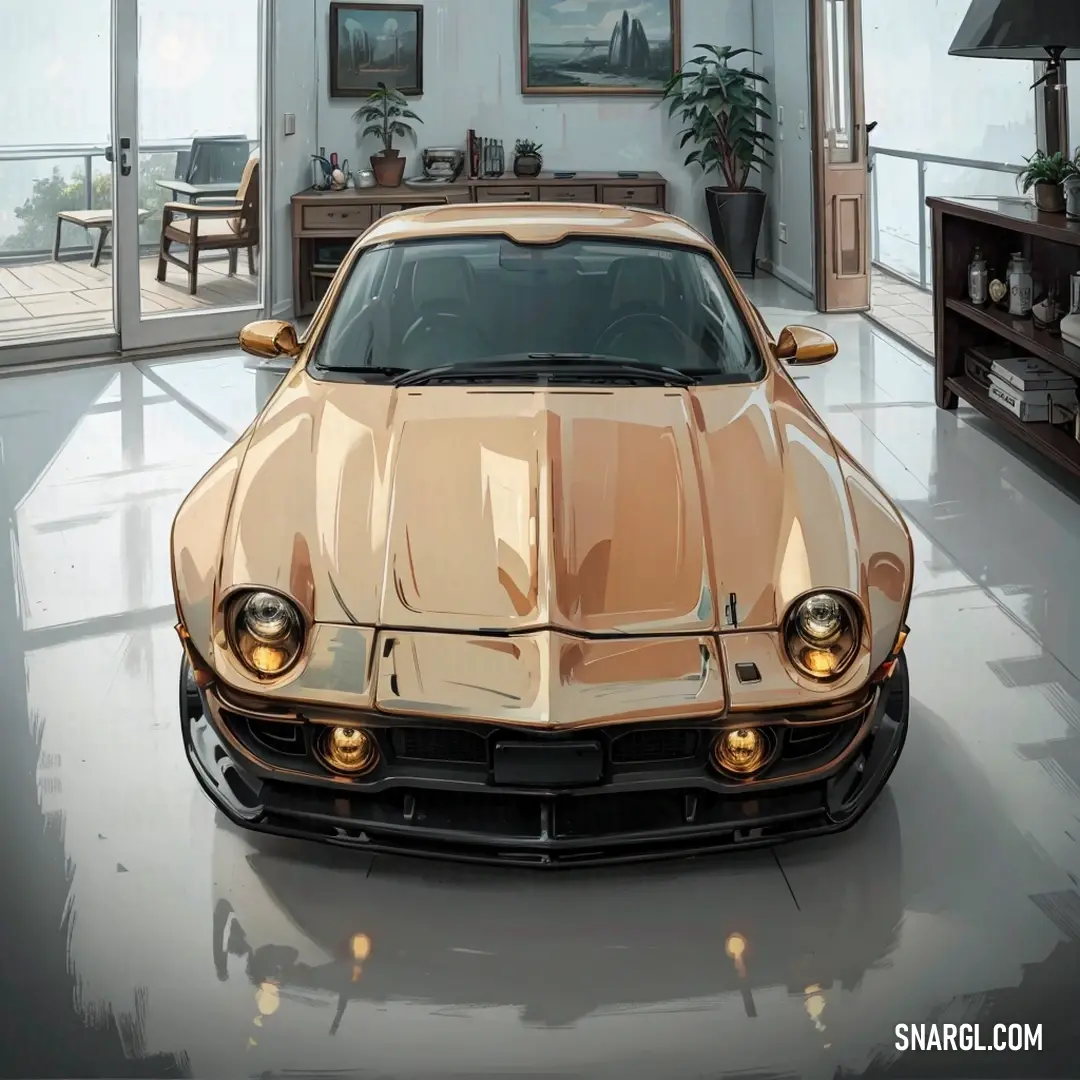 Car is parked in a room with a large window and a painting of a house in the background. Example of #D1B8A6 color.