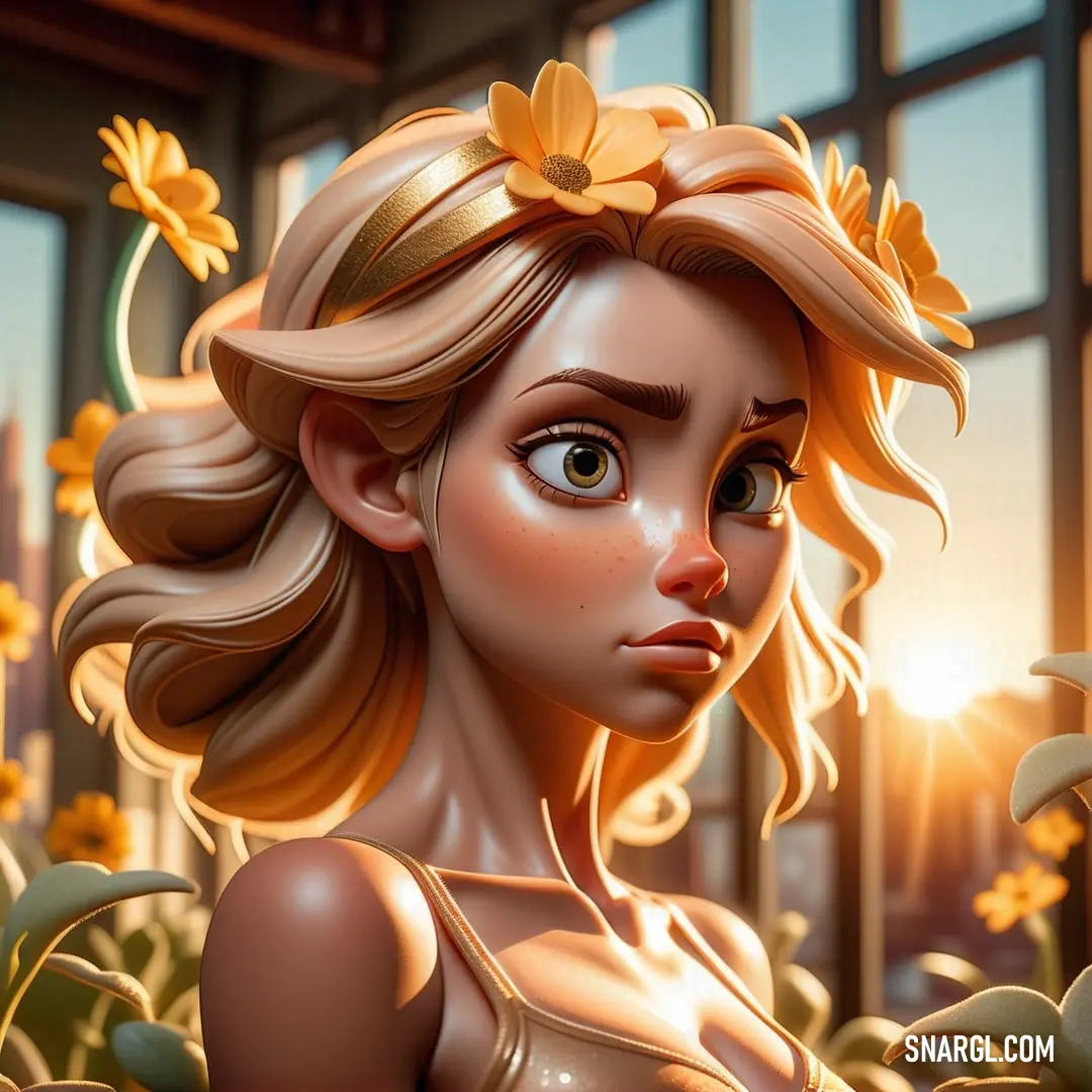 Cartoon girl with a flower in her hair. Color CMYK 5,23,27,10.