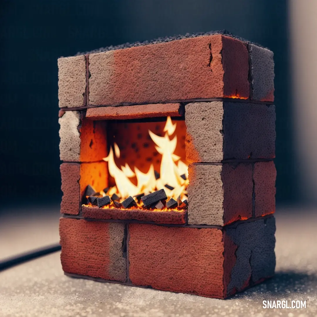 Brick oven with flames burning inside of it on a table top with a black cord on the side. Example of PANTONE 484 color.