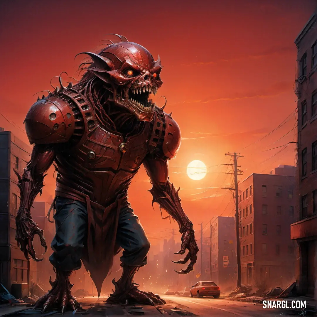 Demonic looking creature walking through a city at sunset or dawn with a car in the background. Example of RGB 220,66,52 color.