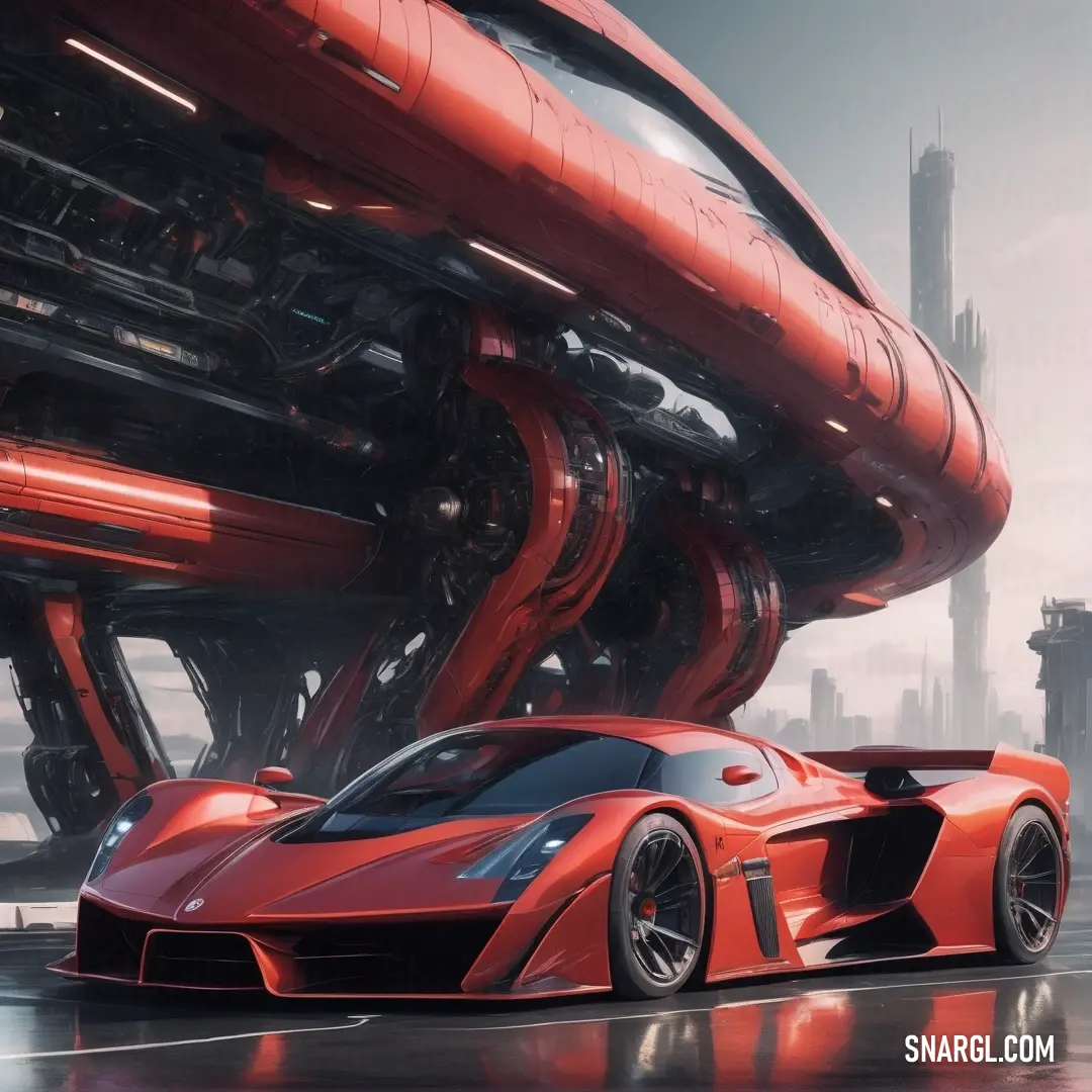 Red sports car in a futuristic city setting with a futuristic background. Example of #DC4234 color.