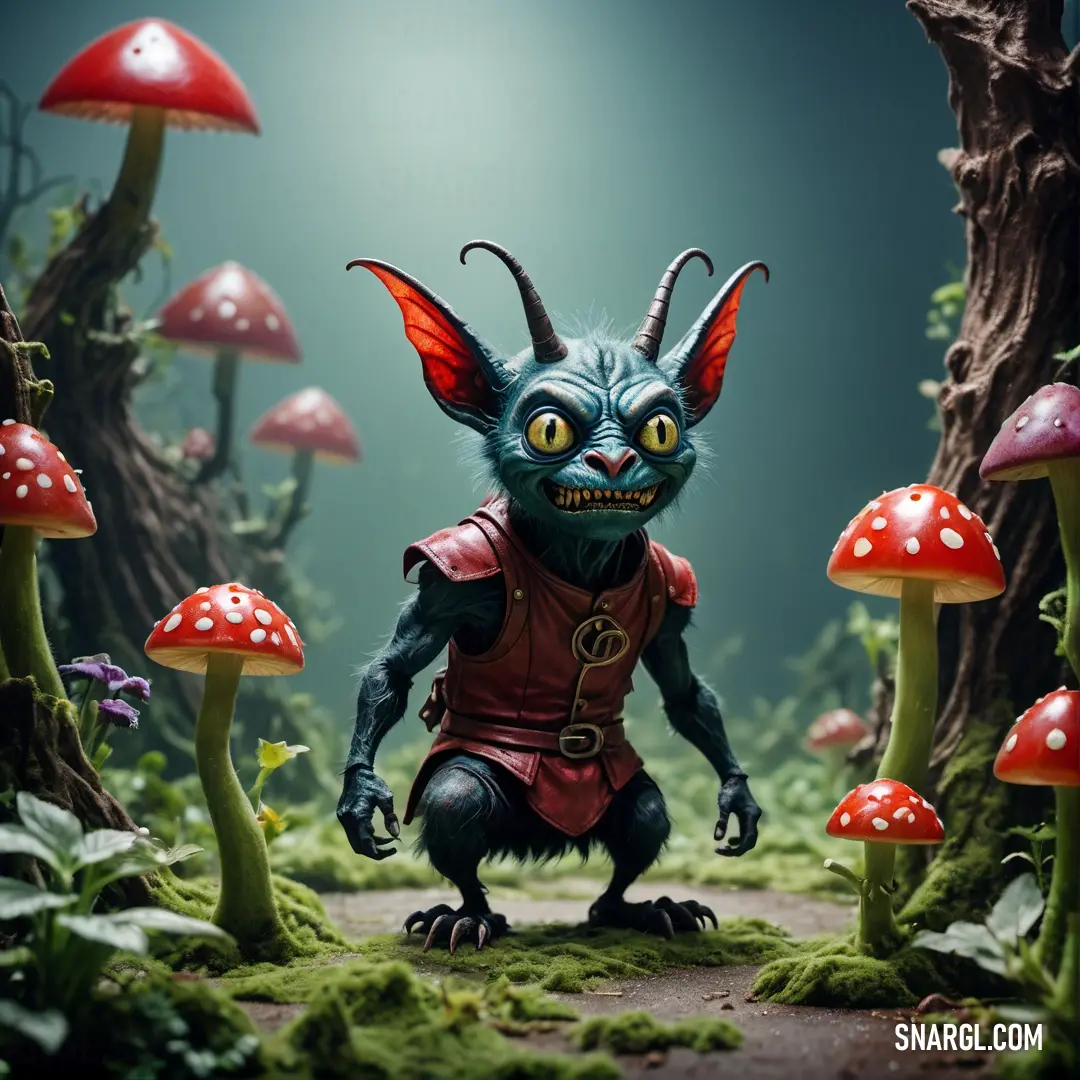 Small creature standing in a forest with mushrooms and mushrooms around it. Example of CMYK 0,95,100,0 color.
