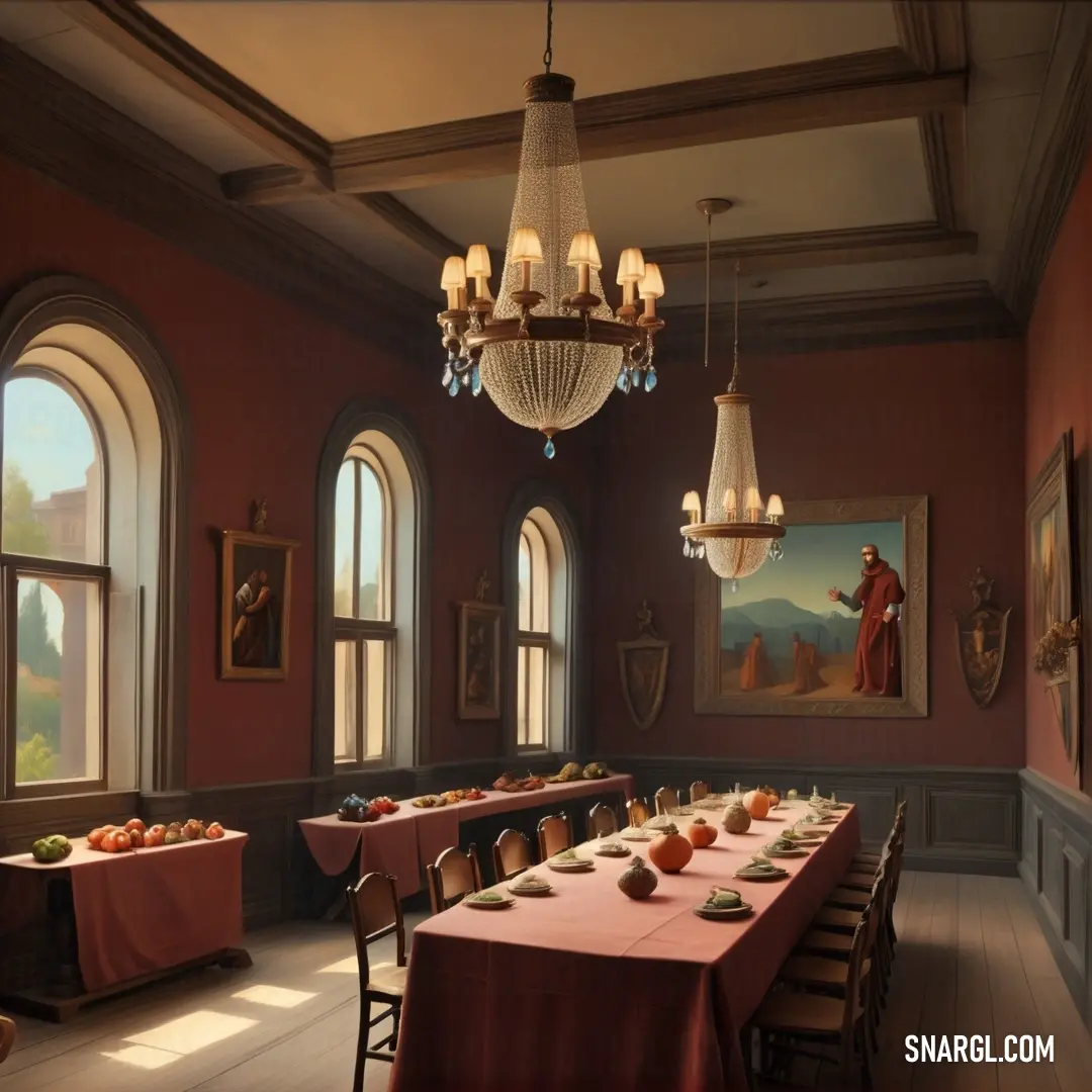 PANTONE 486 color. Dining room with a long table and a chandelier hanging from the ceiling and a painting on the wall