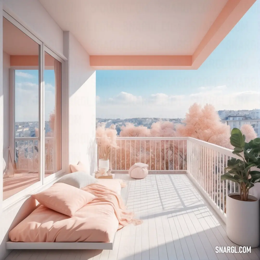 Balcony with a bed and a plant on it and a view of the city outside the window and the balcony. Example of PANTONE 488 color.