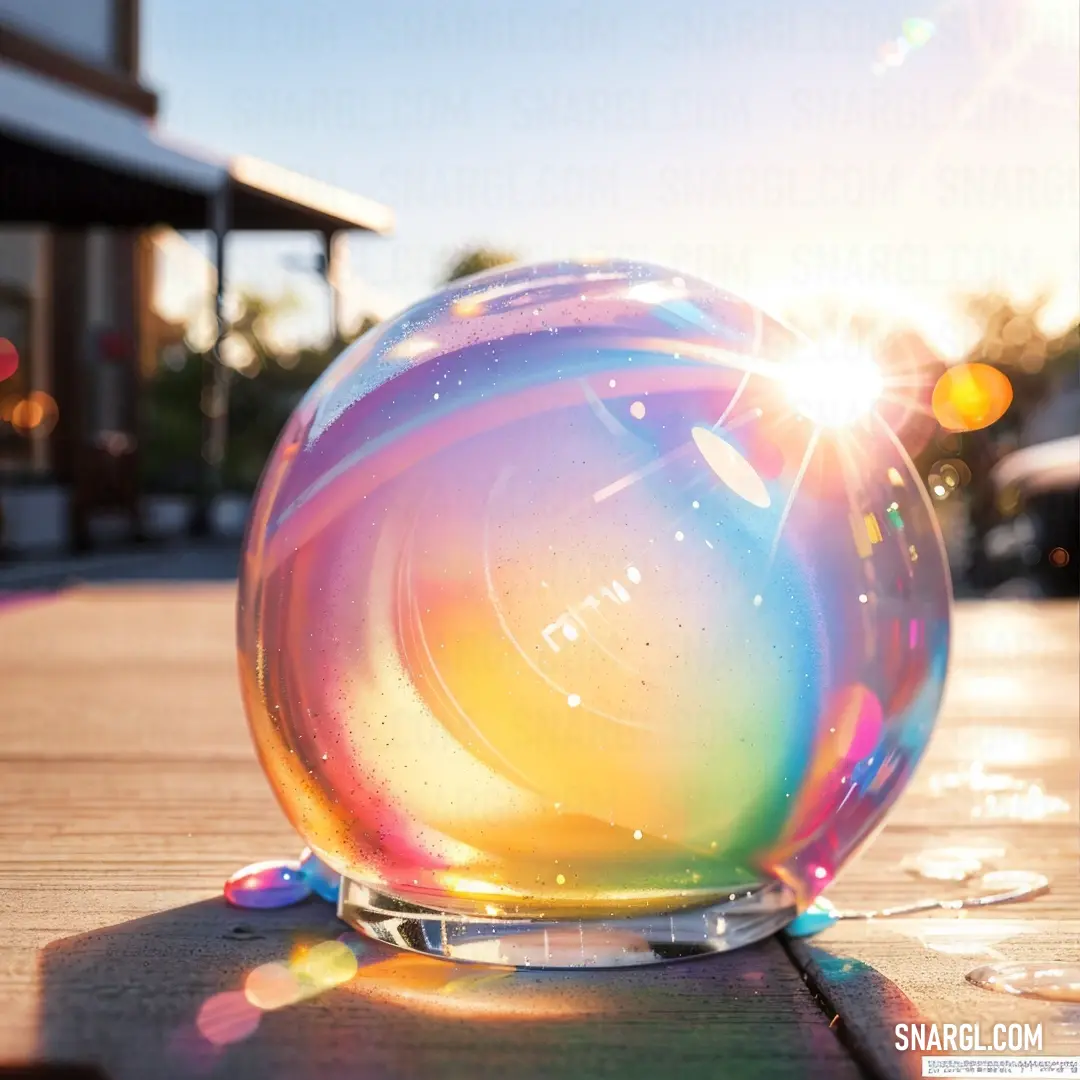 Colorful ball on a wooden table outside of a building with the sun shining through the lens of the ball. Color #F0C0AC.