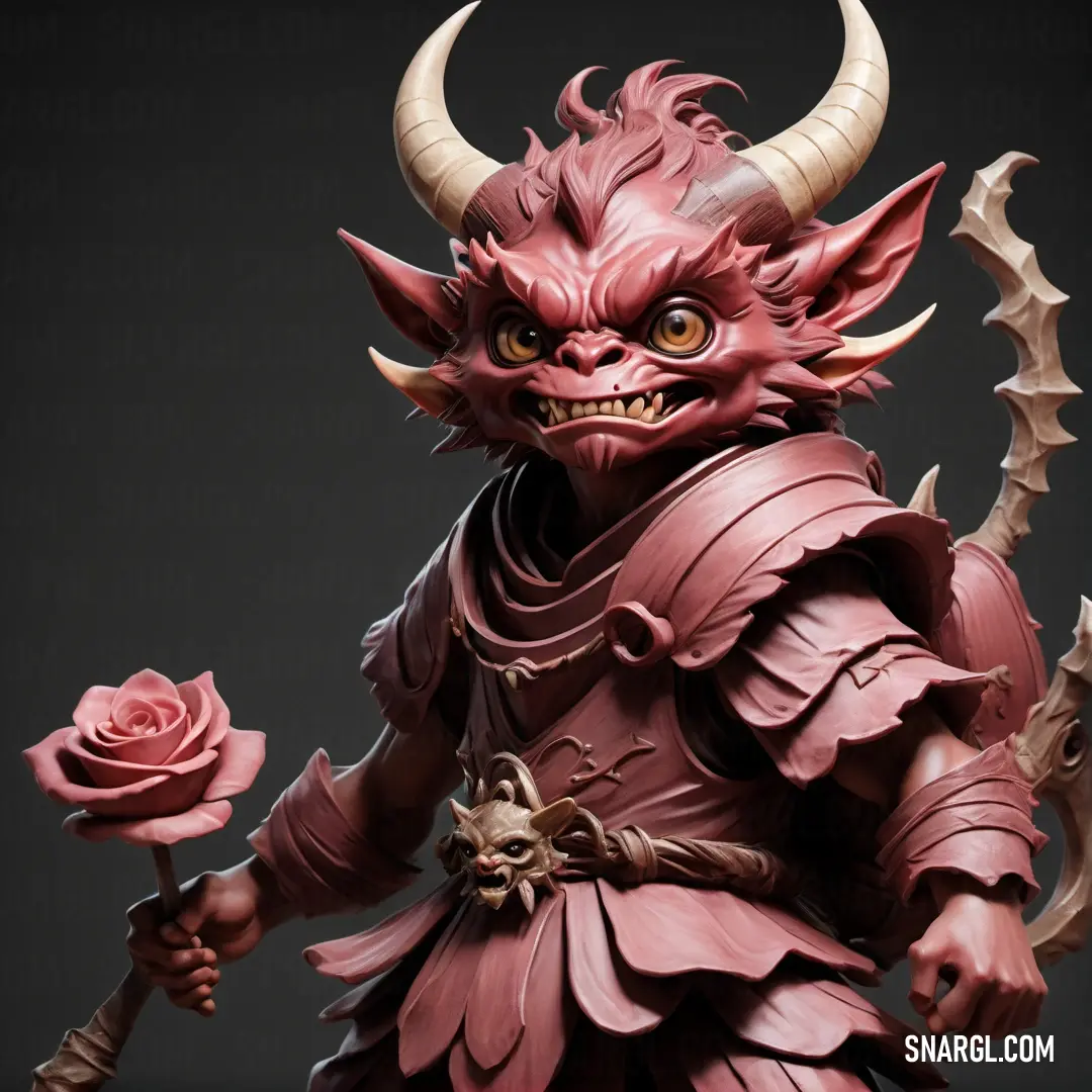 Statue of a demon holding a rose in its hand and a demon with horns on it's head. Color PANTONE 488.
