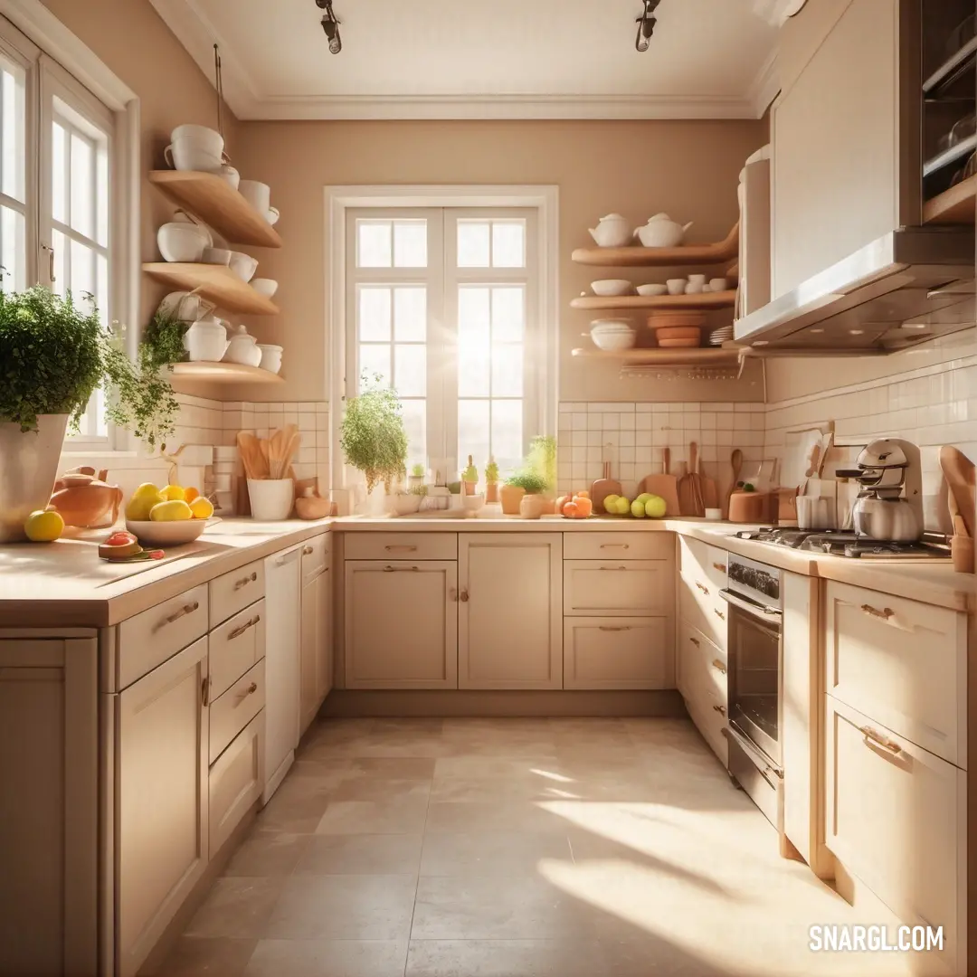 Kitchen with a lot of counter space and a window in it's center area with pots and pans on the shelves. Color #F3D0BA.