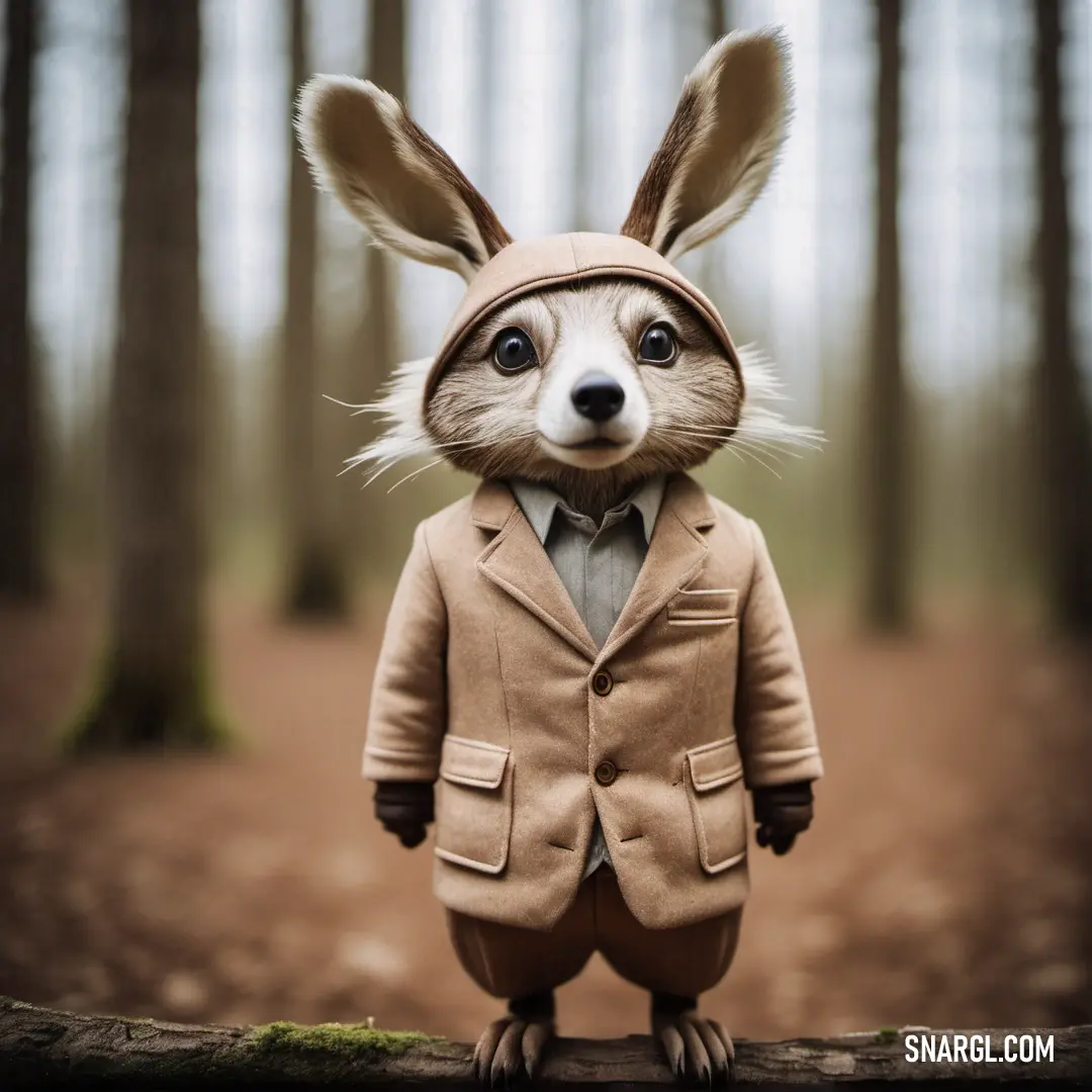 Small animal dressed in a suit and tie in the woods with trees in the background. Example of CMYK 0,20,21,0 color.