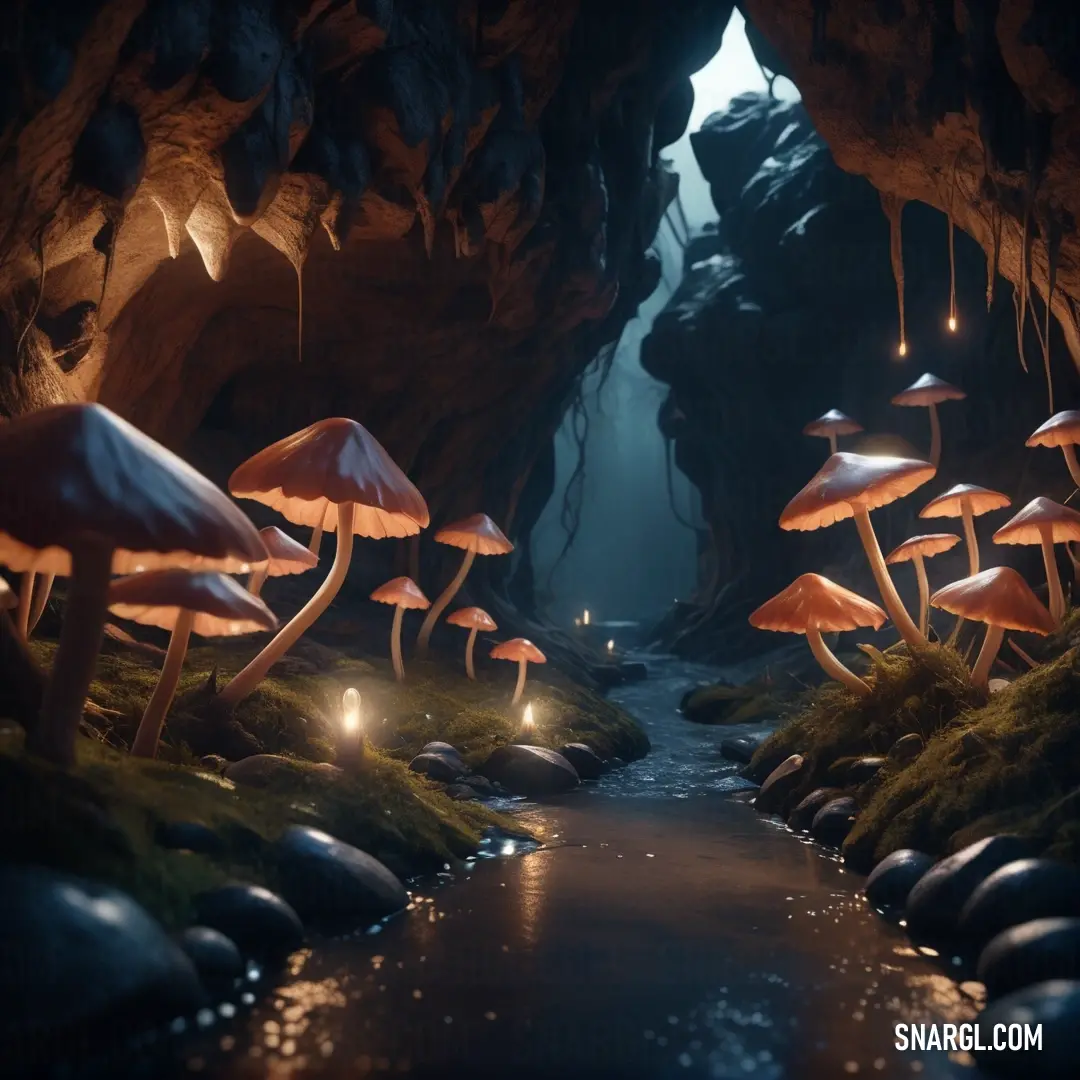 Group of mushrooms that are in the water near rocks and grass with lights on them and a stream running through them