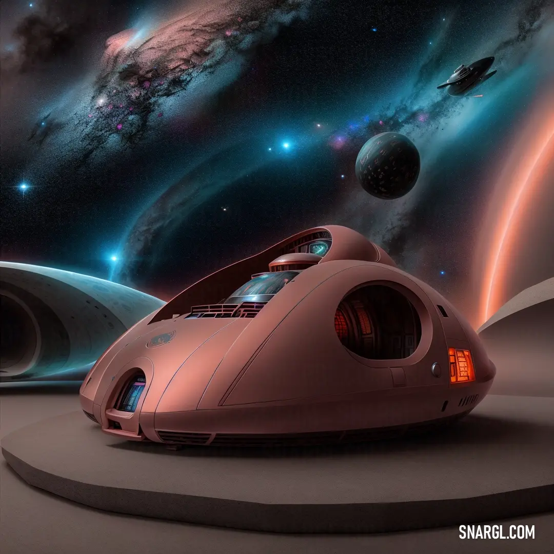 Futuristic vehicle is parked in a space station with a view of the earth and stars in the background. Example of CMYK 18,85,65,55 color.