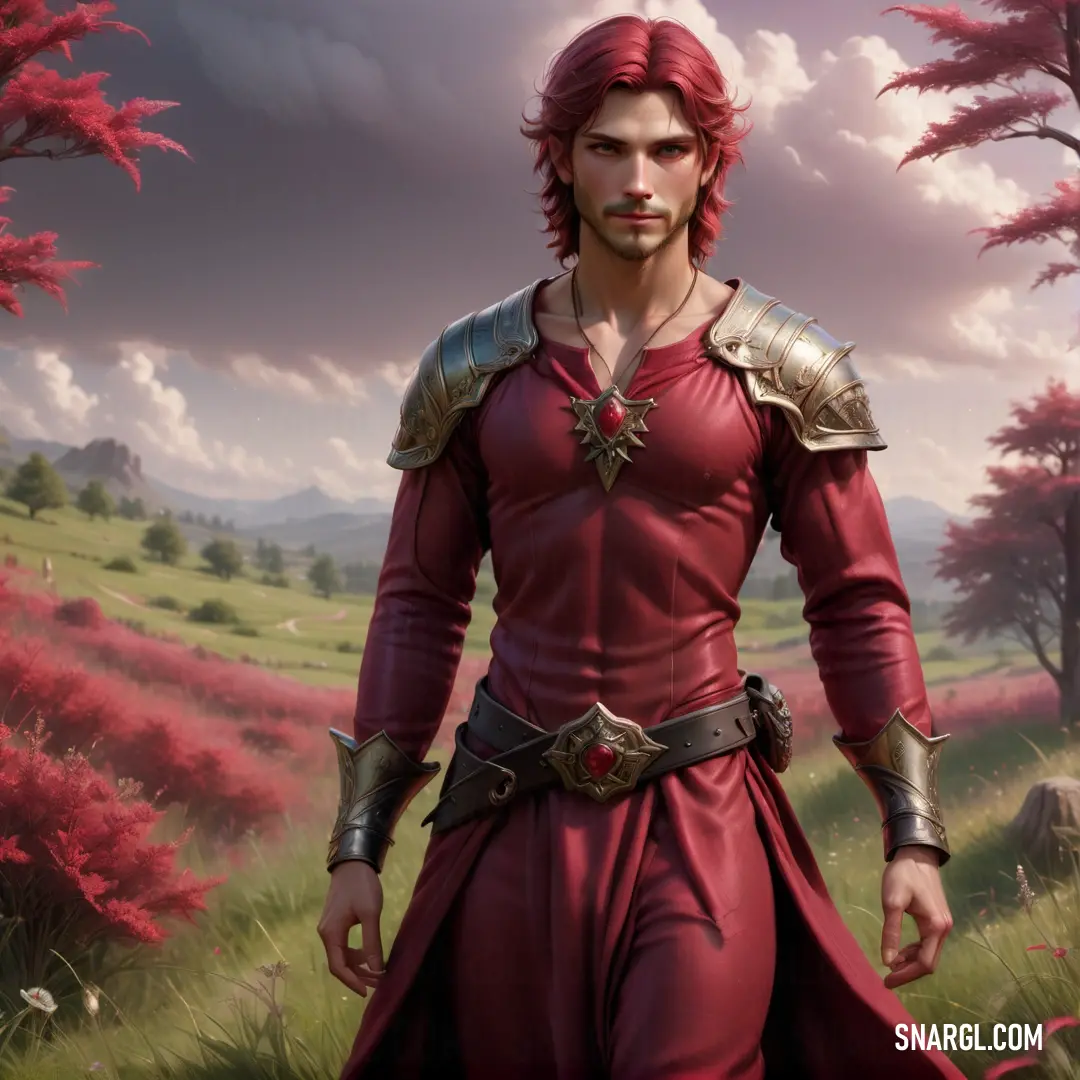 Man in a red outfit standing in a field of flowers with a sword in his hand and a red hair. Example of #7E3D3C color.