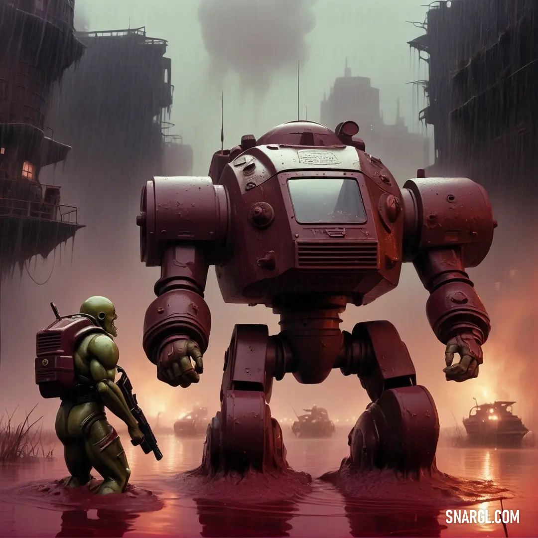 Robot and a man in a flooded area with a city in the background. Example of RGB 126,61,60 color.