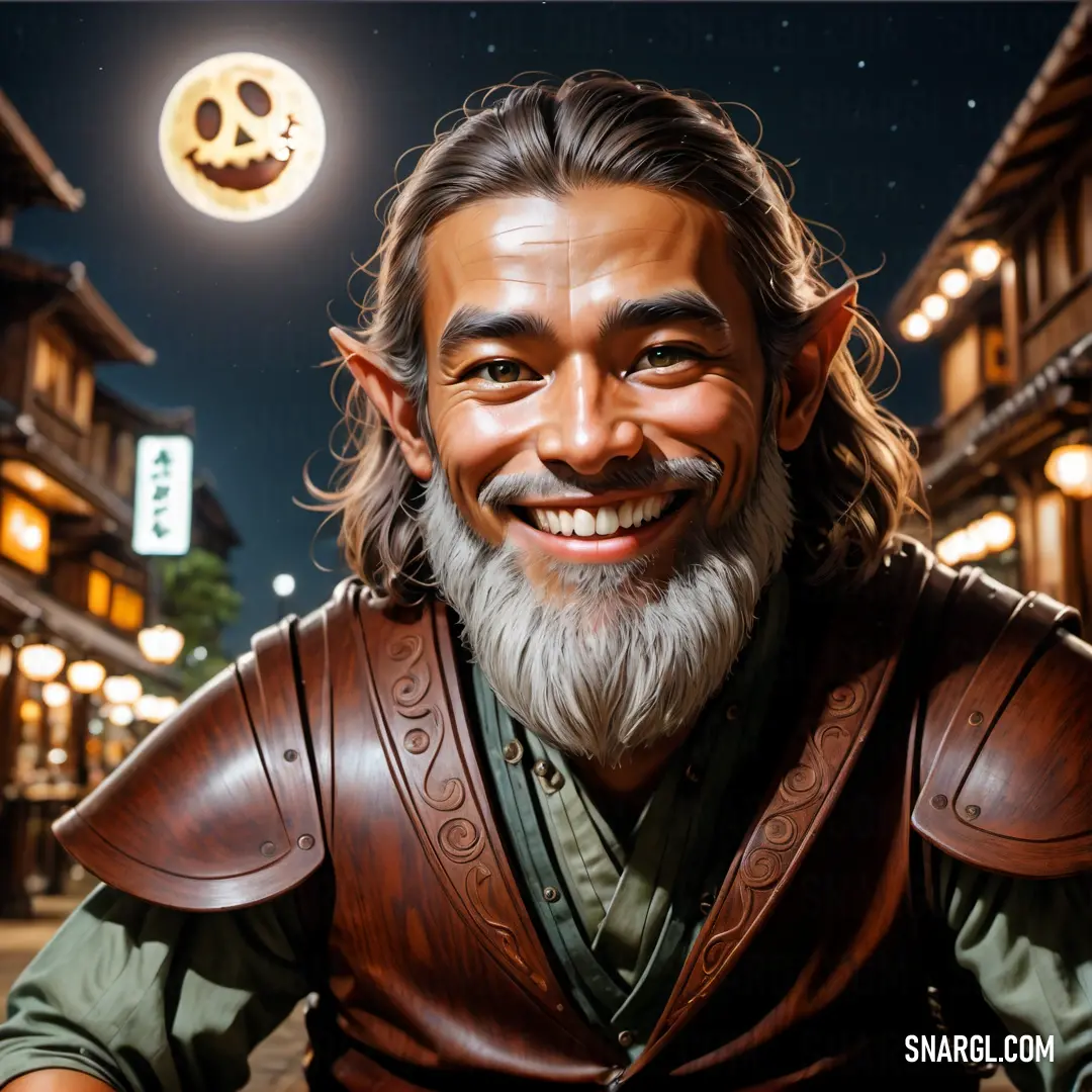 Man with a beard and a beard wearing a leather outfit and smiling at the camera with a full moon in the background