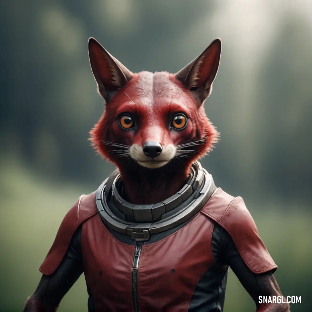 Red fox with a leather outfit and a collar on it's head and a red jacket on. Example of RGB 142,67,68 color.
