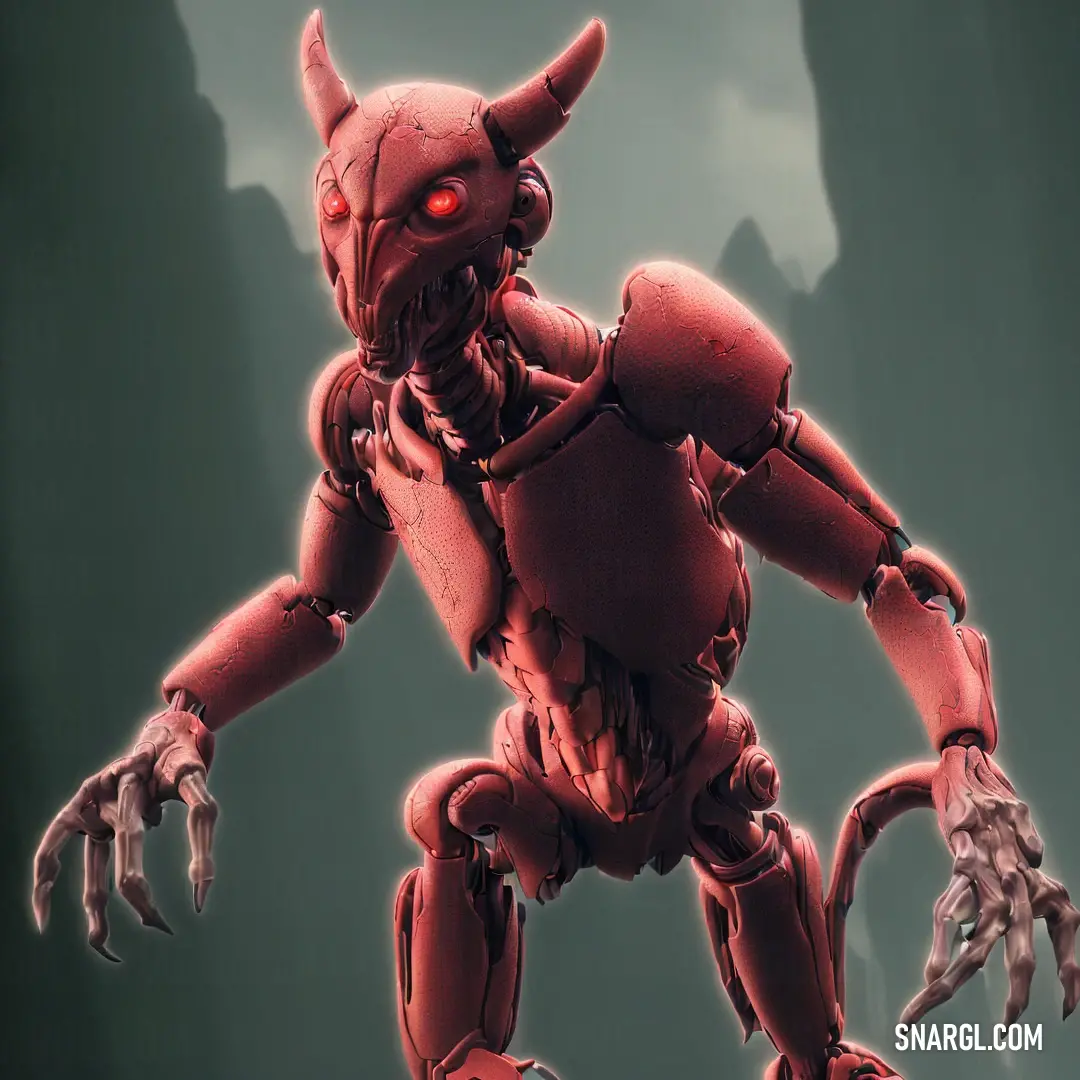 Red robot with horns and claws on it's body and hands, standing in front of a dark background. Example of #8E4344 color.