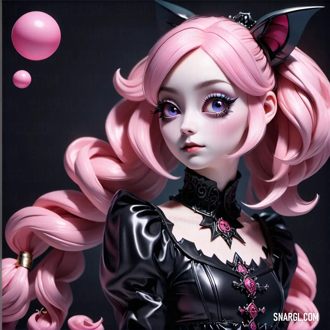 Digital painting of a woman with pink hair and cat ears and a black dress with pink flowers and a black collar