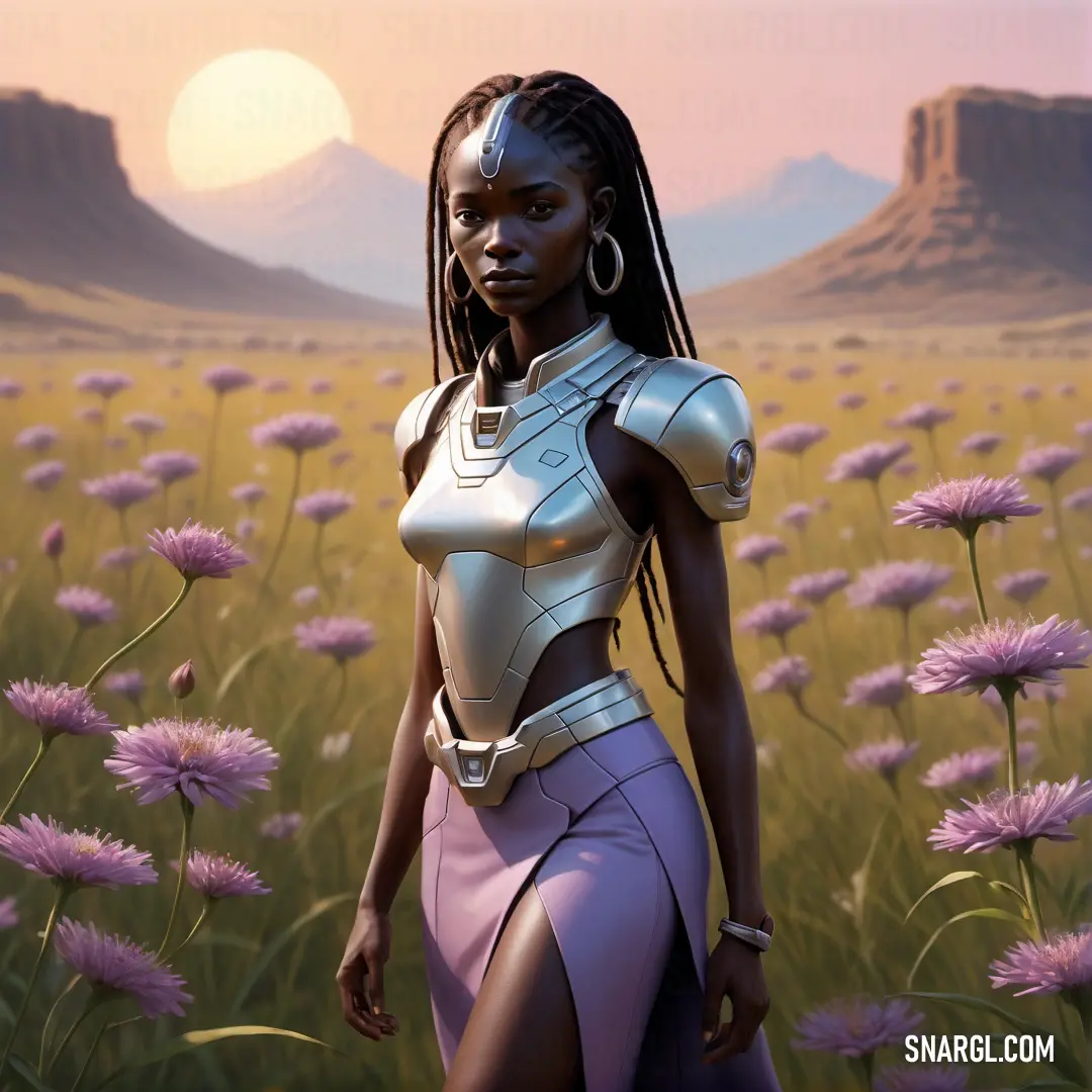 Woman in a field of flowers with a sci - fi outfit on and a sci - fi outfit on. Color #DA8EA0.