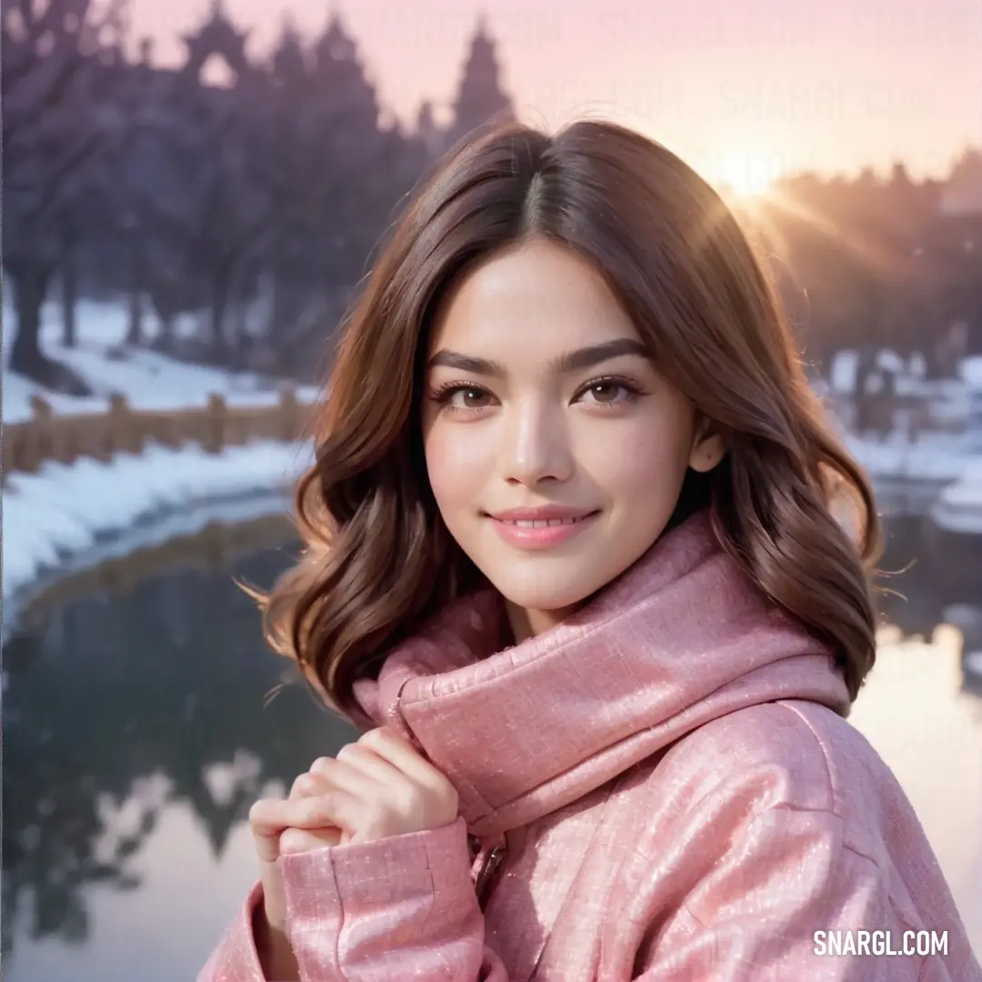 PANTONE 493 color example: Woman in a pink coat posing for a picture in front of a lake and trees with the sun shining