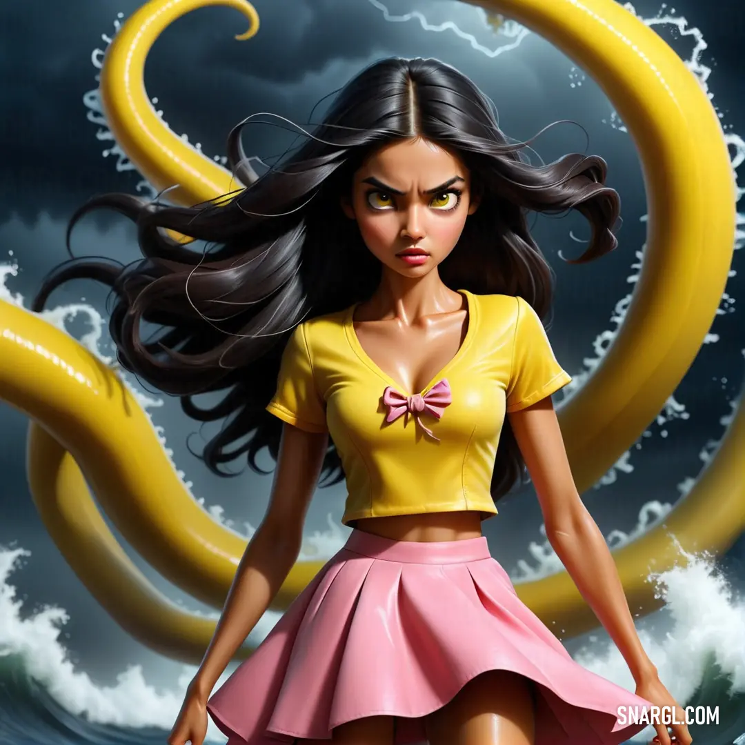 Girl in a yellow shirt and pink skirt standing in front of a giant yellow octopus with a bow. Color #EDBFCB.