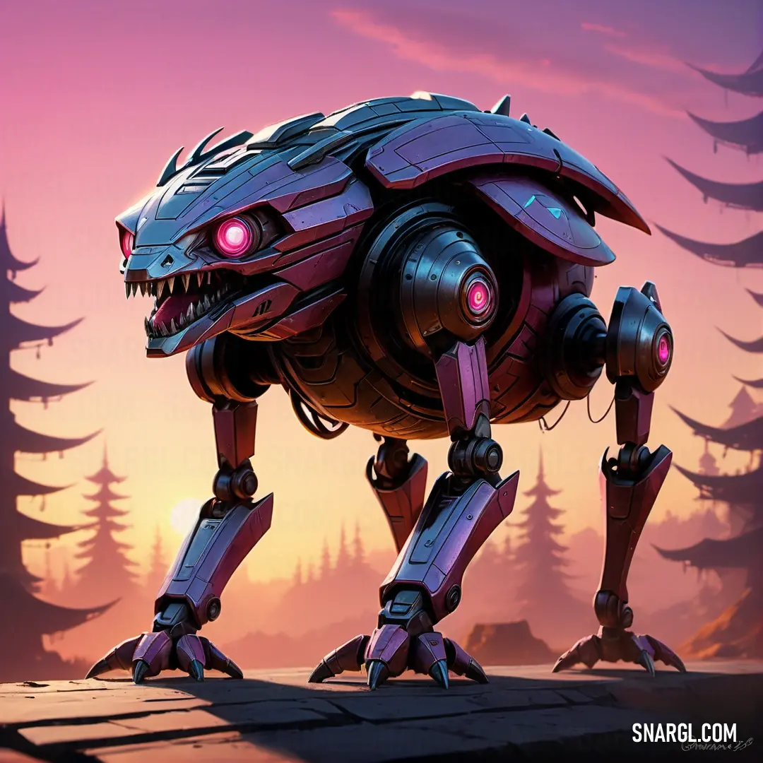 Robot dog with glowing eyes and a purple background