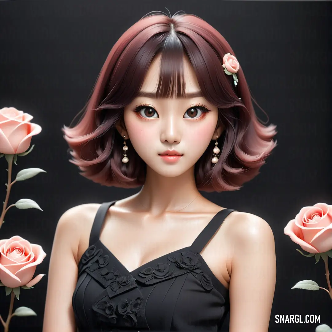 PANTONE 495 color example: Woman with a black dress and pink roses in her hair and a black background