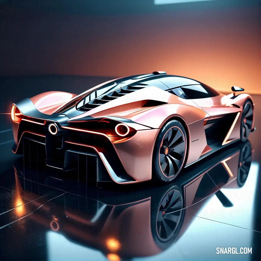 Futuristic car is shown in this image with a reflection on the floor and a light shining on the car. Example of #54342C color.