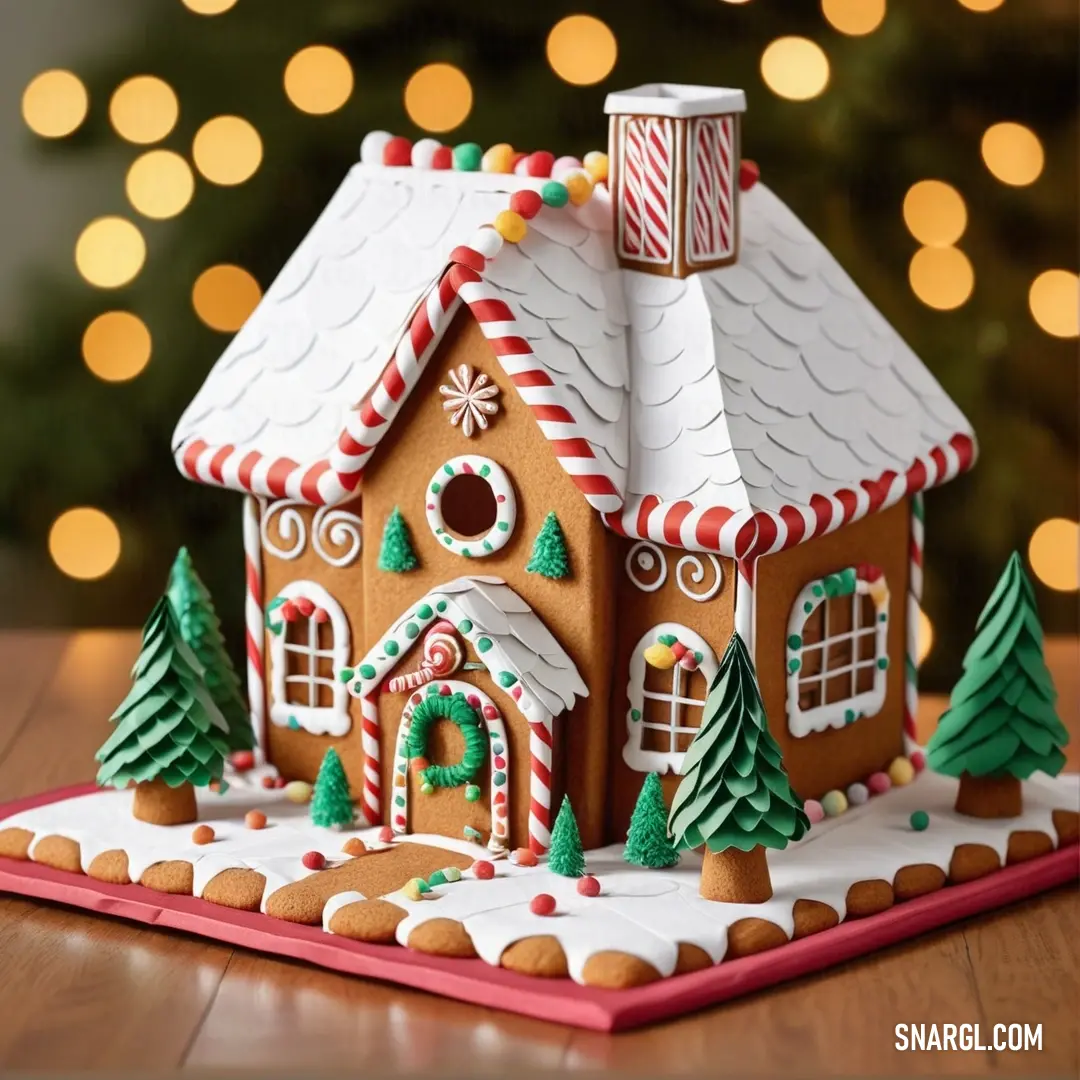 Gingerbread house with a christmas tree and lights in the background. Color PANTONE 497.