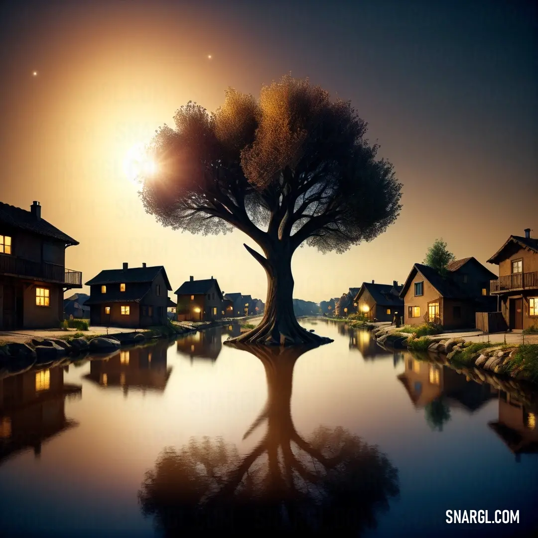 Tree is in the middle of a lake at night with houses in the background. Example of #54342C color.