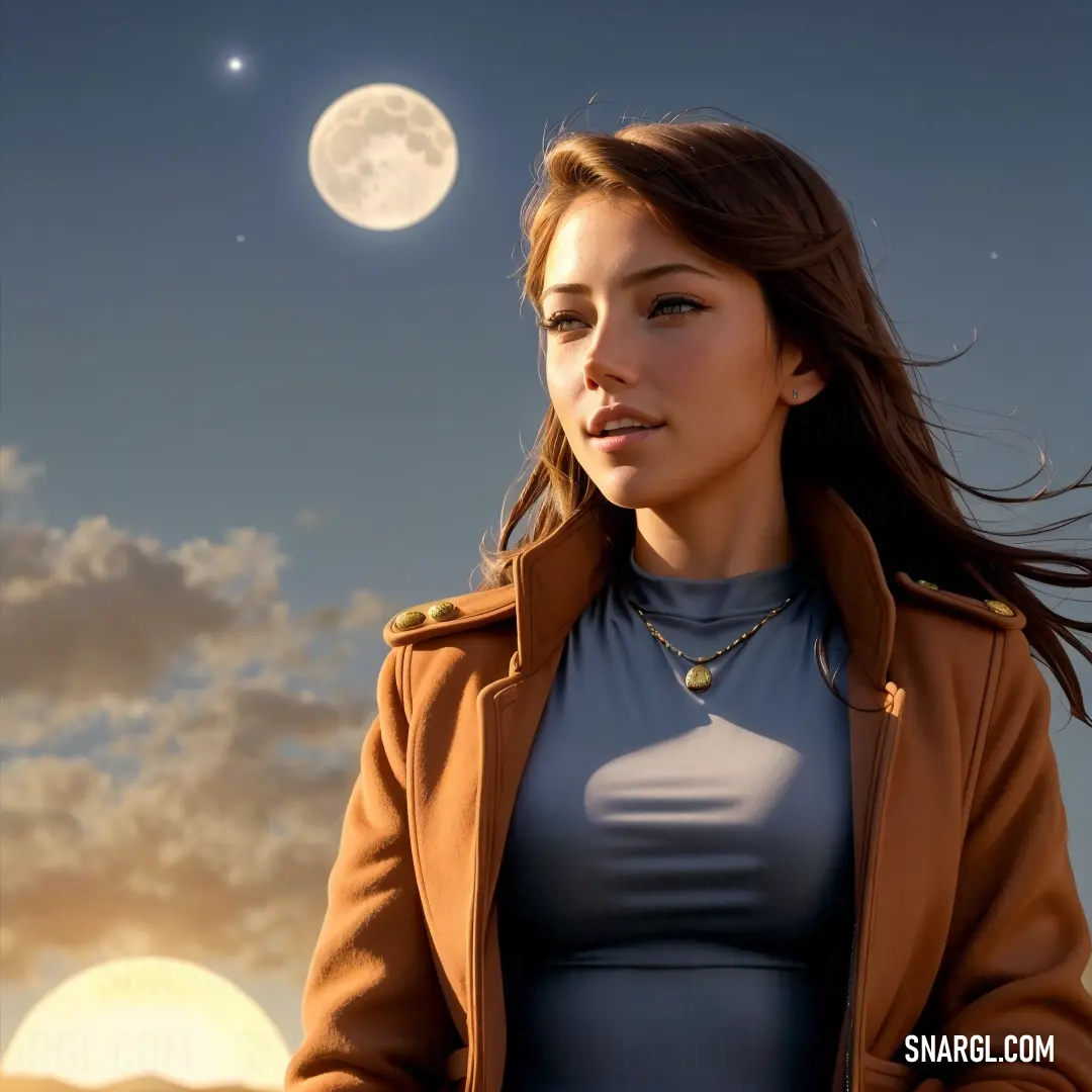 Woman in a brown jacket is standing in front of a full moon and clouds with a sky background. Color PANTONE 497.