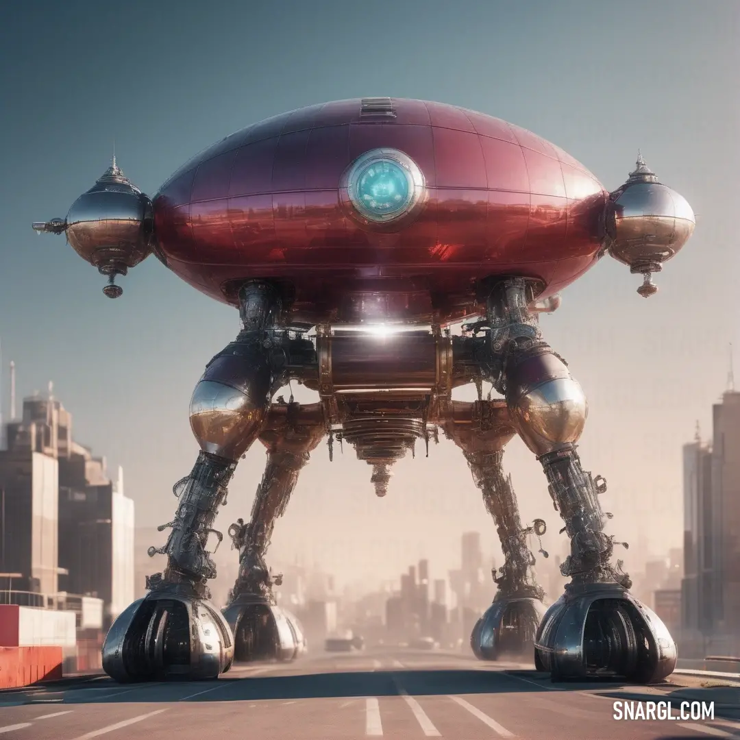 Large robot standing on top of a road next to a city skyline with tall buildings in the background. Example of #874F58 color.