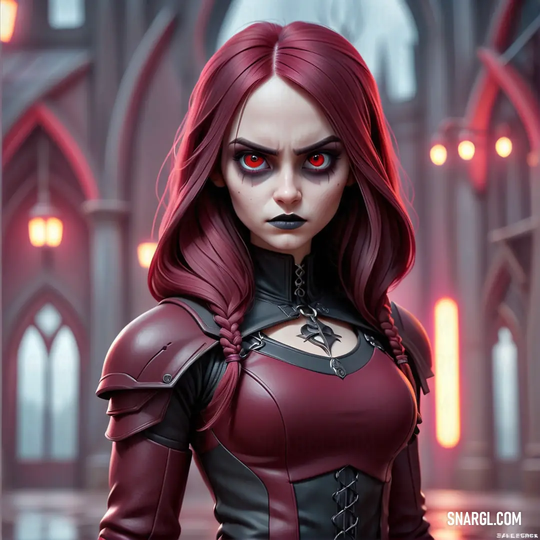 PANTONE 4985 color. Woman with red hair and red eyes in a gothic costume with a gothic - inspired background