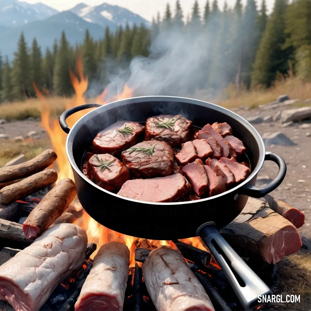 PANTONE 499 color. Grill with meat cooking over a fire in the woods with mountains in the background