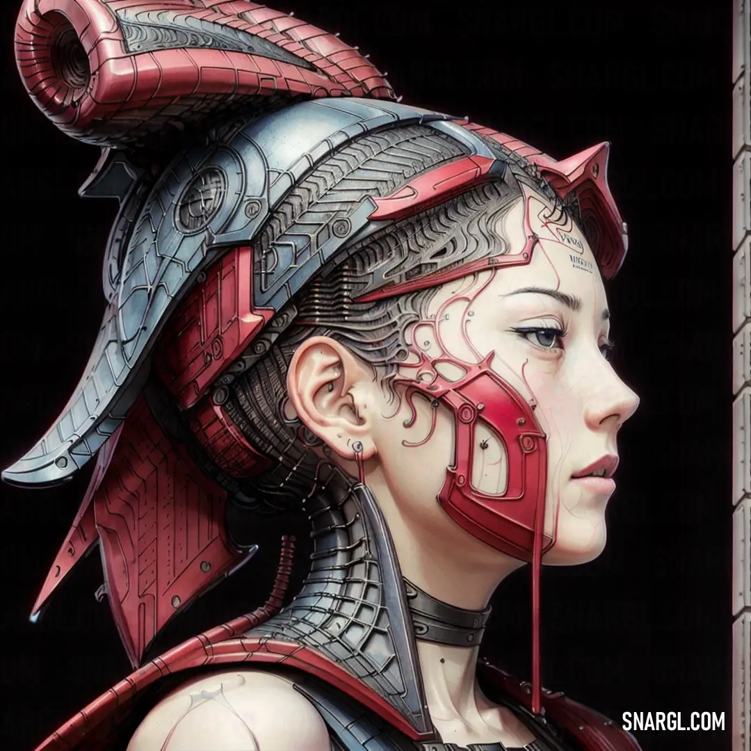 Woman with a futuristic helmet and a red earpiece on her head and a black background. Color RGB 123,71,68.