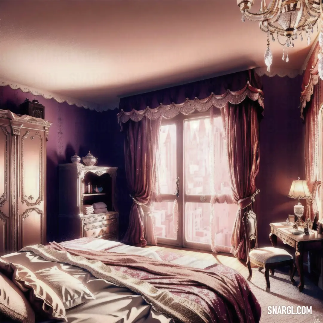 Bedroom with a bed, dresser and a chandelier in it's corner with a window. Example of RGB 154,101,108 color.