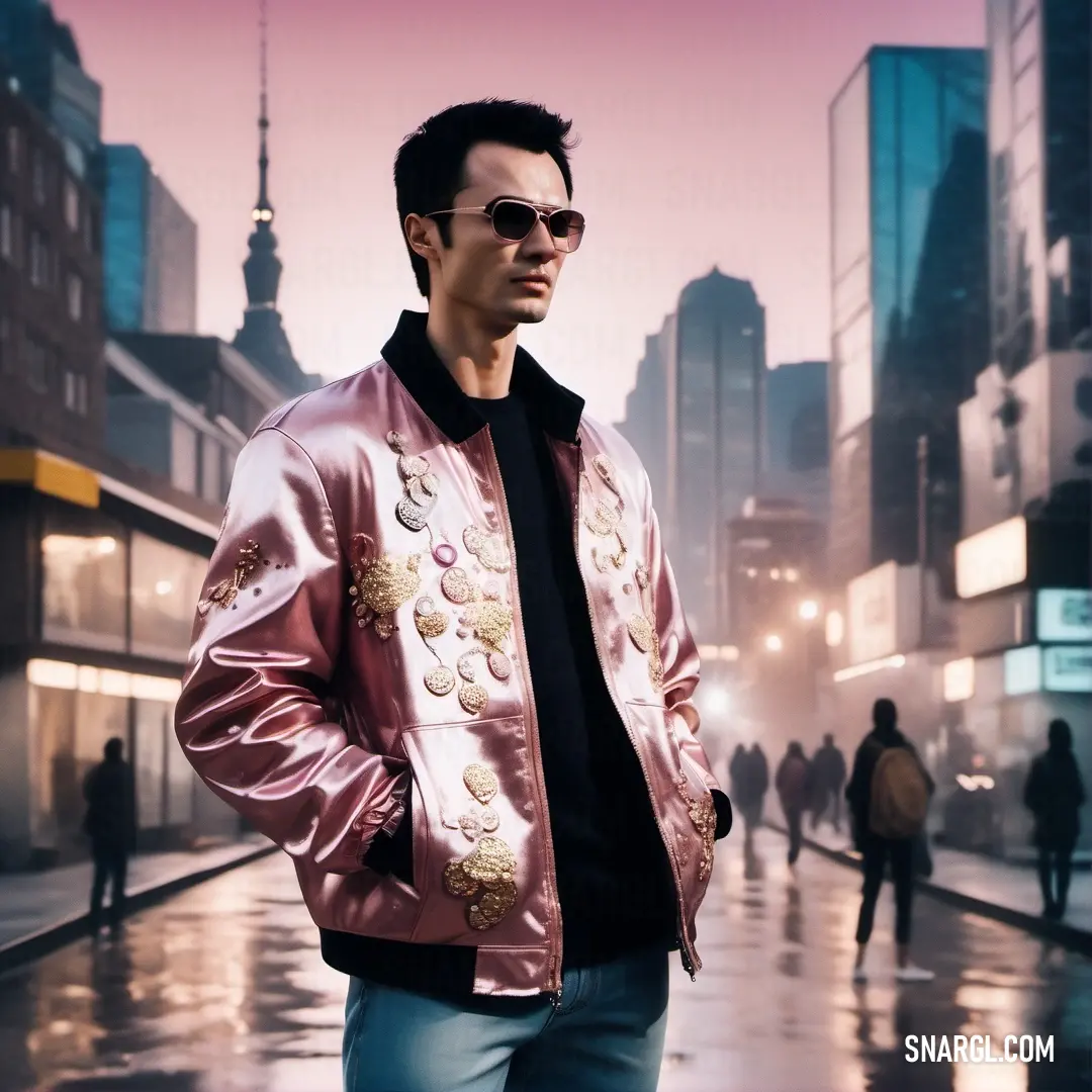 PANTONE 4995 color. Man in a pink jacket and sunglasses standing on a city street at night with people walking around him