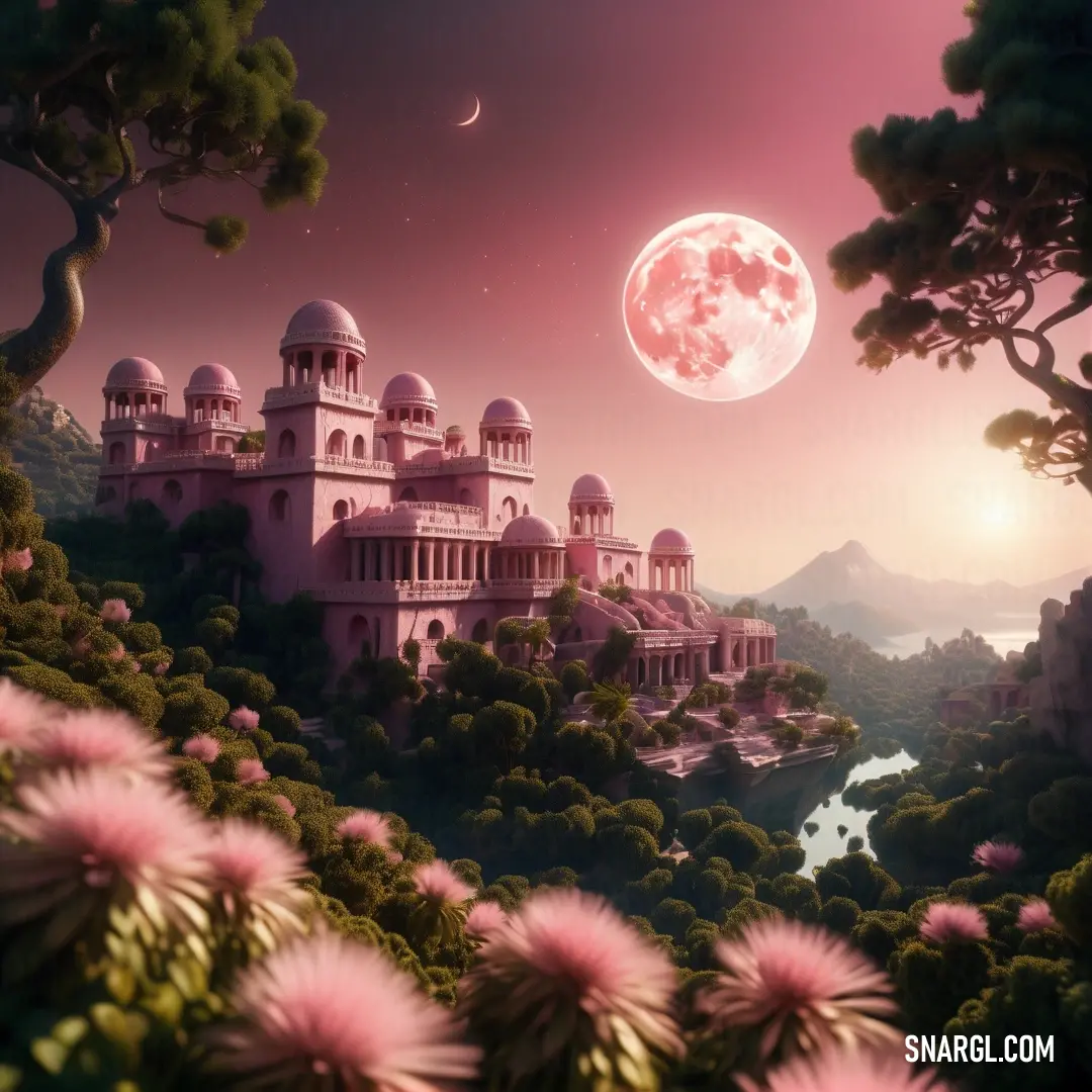 PANTONE 4995 color. Pink castle with a full moon in the background